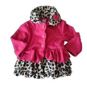 Mac and Co Pink Button-Up Coat with Leopard Print Ruffles Size 2T